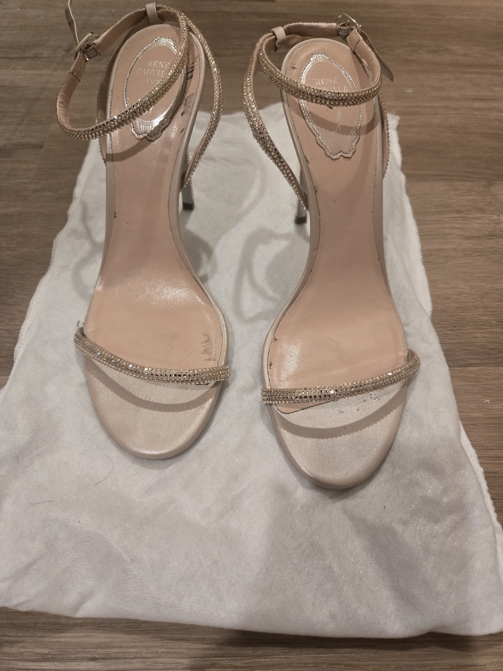 Rene' Caovilla Leatther Crystal-Strap Nude Evening Heels with Ankle Strap